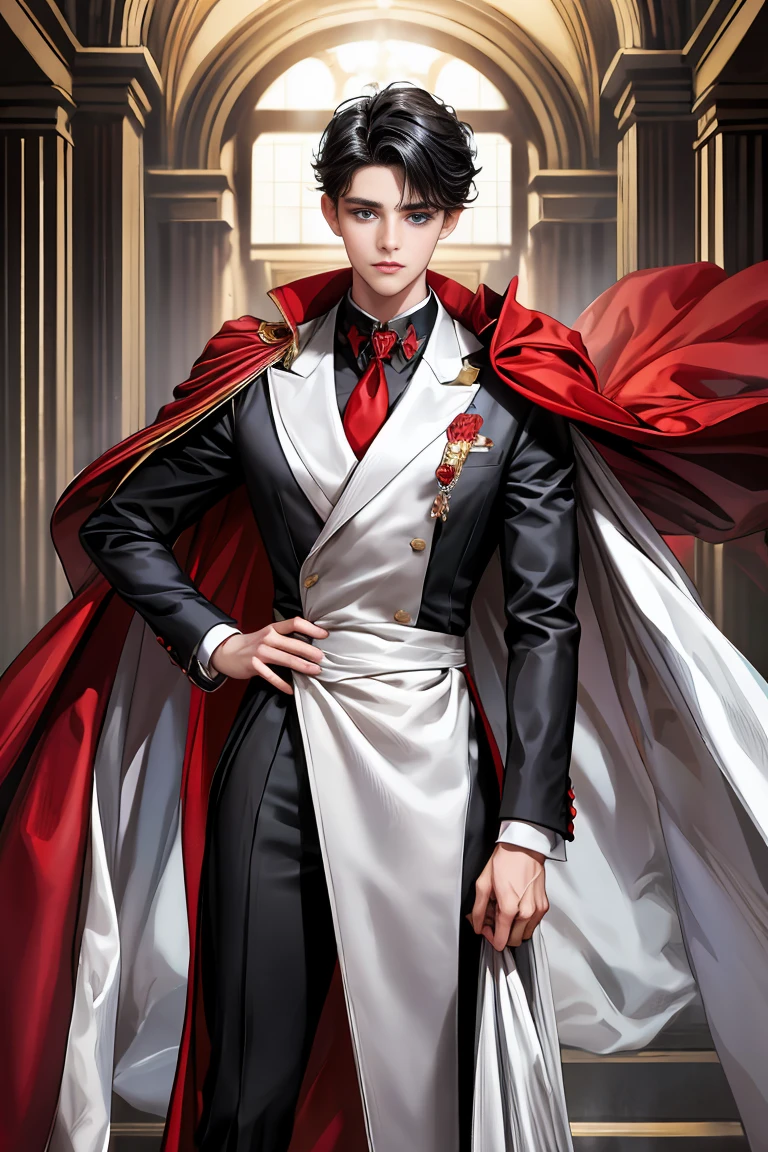 masterpiece, 最high quality, high quality, 1 boy, alone, Male focus, Watching the audience, Messy black hair, Adorable big blue eyes, White people, Noble, Noble,Sexy voluminous black and red cape、Tuxedo、A very voluminous, large, very large, very large, long, long red and black cape with a high stand-up collar, reaching down to the floor, made of a lot of fabric., 17 years old,Cute beautiful boys,Cute, cute, kind, handsome guy