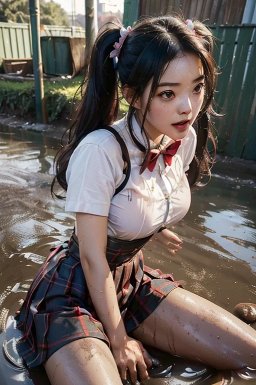 LingX,black hair,twintails,brown eyes,hair ornament, pantyhose (insanely detailed, masterpiece, best quality),solo , red knot , red bow , skirt dark red , plaid skirt , pleated skirt , dirty white Shirt , realisitic、top-quality、crisp photos 、a lot of garbage and junk 、((beautiful a girl、Constricted waist、Neat face、Most beautiful face、Elaborate face、dense dirty brown hair、Refreshing look、Pleasant look、Happy expression、Joy covered in filth、Glad to get dirty))、(dirty school girl uniform、Tangier、brawn hair)、((long and beautiful legs are dirty、Lying face down on filth、Girl with beautiful ass、Scoop out filth with both hands、Beautiful girl's hair is covered in mud、The joy of lying in dirty sewage))、(((I want to smear filth all over my body.、A large amount of sewage flows down the head、The whole body is full of filth、Stick out your buttocks and open your legs、a large amount of dirty garbage and waste,,、Heaps of garbage))