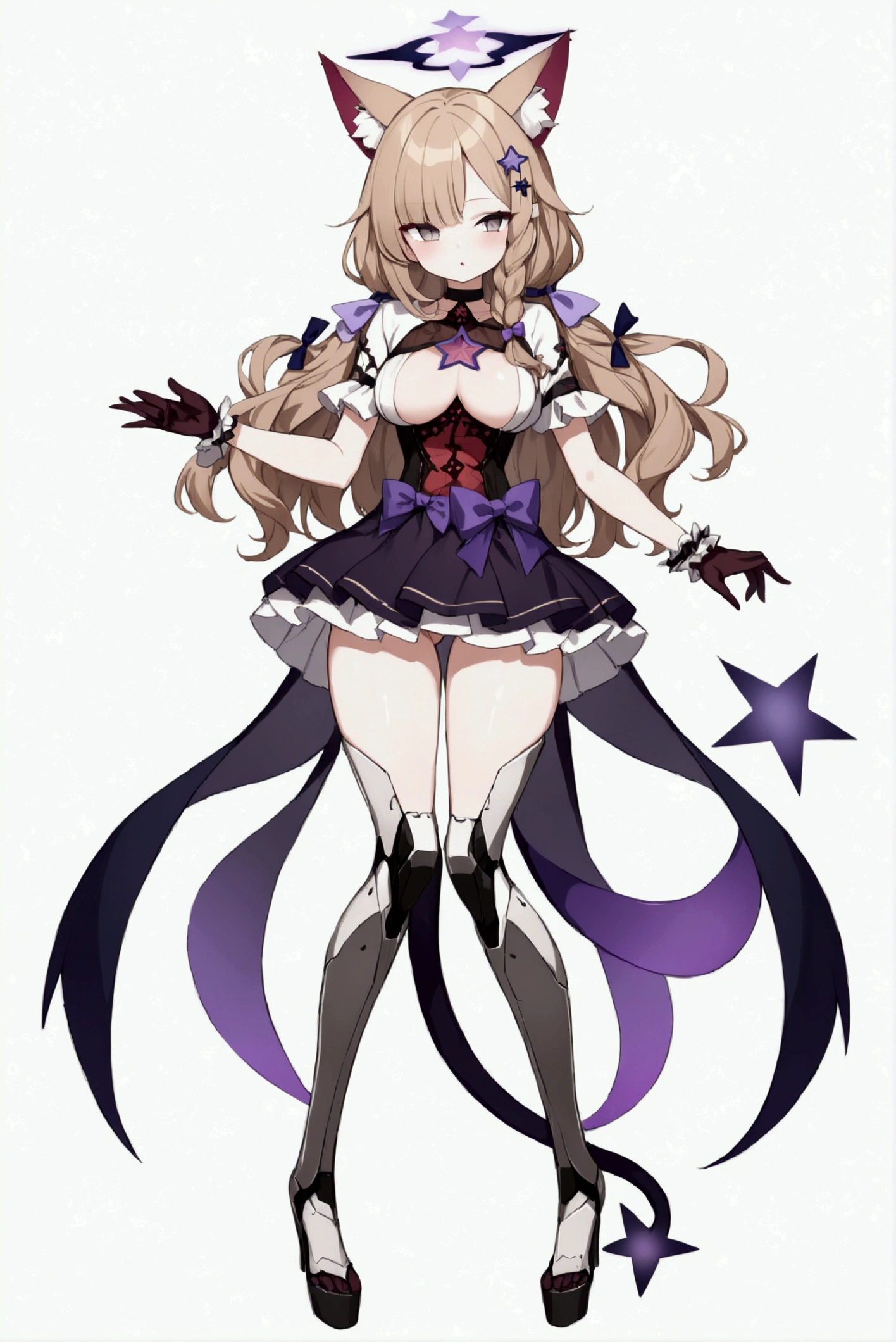 woman 170 cm tall, medium chest, wide hip, slim build, charming look, ((whole body)), (((character design sheet: front view))), (dark blonde hair, ((hip length wavy hair, asymmetrical bangs, star hairpin)), (She has a short braid tied with an elegant purple ribbon on the left side of her hair above her chest), (She has a short braid tied with an elegant purple ribbon on the right side of her hair above her chest), She has small hair bows in the back of her hair), ((Gray eyes with a pink 4-pointed star in the pupil)), (Two black and purple fox ears located on the top of the head), (Luminous black horizontal halo with purple star patterns above head), He has a black collar with a heart emblem on his neck., (Elegant long one piece dress, Thigh-length lace and ruffle skirt, large bow at the back of the hip, ribbon decorations and star patterns on the dress), black ruffled gloves, Black platform heels, gray belt at the waist with a large ribbon with a luminous pink heart in the middle, (((It has a thin succubus tail that ends in the shape of a purple heart))), (((It has complex mechanical legs that reach up to the thighs and are black with small purple and red details.))), extremely detailed beautiful hair, beautiful detailed dress, extremely detailed arms, extremely detailed face, Extremely detailed hands, small face, Beautiful detailed eyes, beautiful detailed lips, adorable, extremely detailed legs, (Best Quality, 4k, high resolution), ultra detailed, Exquisite and epic character art, ((White background)), (Focus on symmetry).