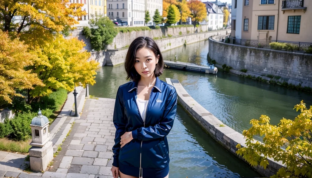 high quality, 1 woman, ((36-year-old healthy Korean woman)), ((36 years old)), 1 woman, eyes are big and beautiful. ((slim)), ((short medium hair)), Smile. pose: standing, windbreaker jacket, background:Your residence is a baroque townhouse with a plaster façade and wrought iron railings.., autumn, Maple, Overlooking the Salzach River and Hohensalzburg Fortress, looking slightly up, 1 woman, Full body shot with Canon 16-34 wide angle lens, river view