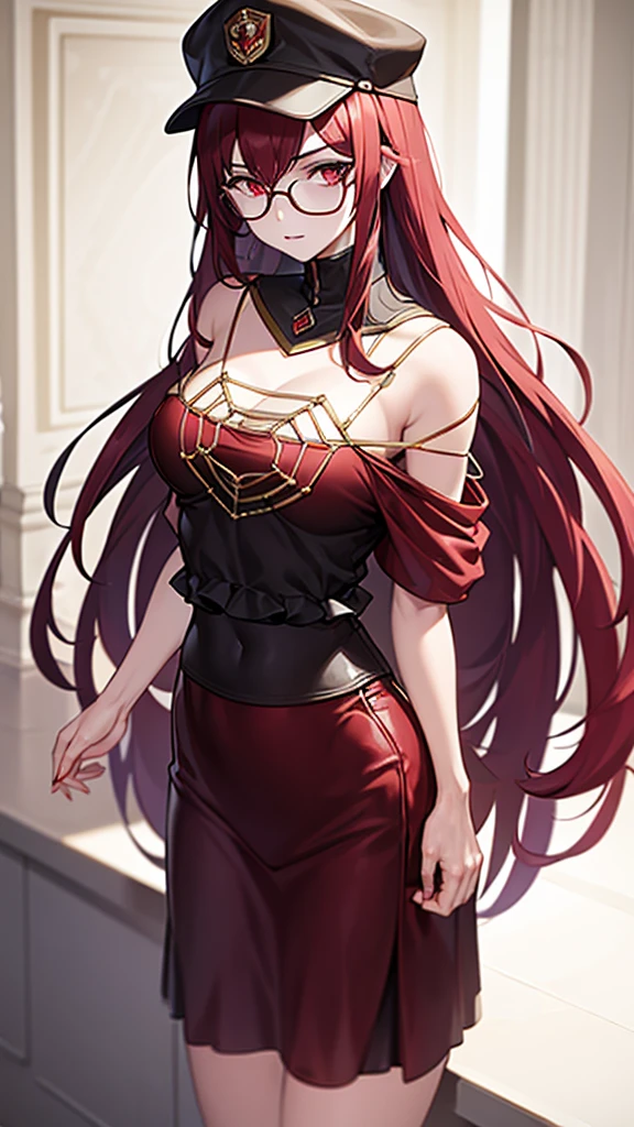 (Masterpiece), (best quality), A 20 year old female villain with long dark red hair, red eyes, chest, wearing a red commander hat, round glasses, black outfit, standing.