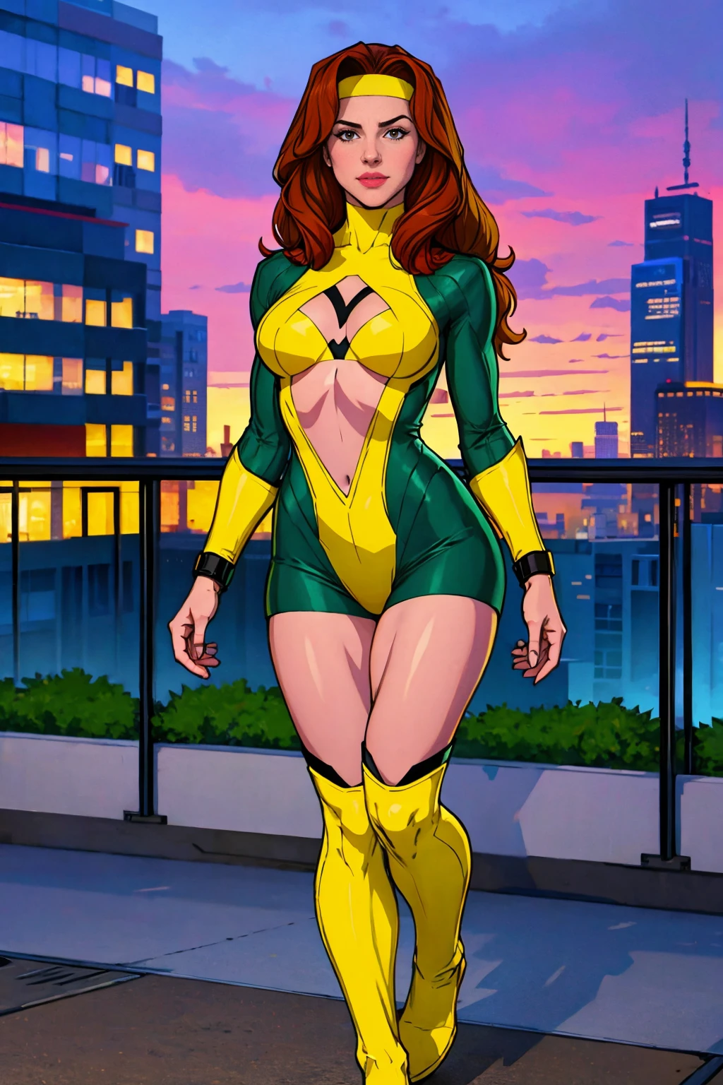 ((Full body photo, standing, feet on the floor)) (best quality,4k,8k,highres,masterpiece:1.2),ultra-detailed,(realistic,photorealistic,photo-realistic:1.37),full body shot,Rogue,X-Men,yellow thigh high boots,beauty pose, standing tall, show feet, outside, city rooftop at night, green headband