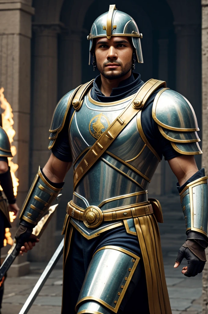 Create several Roman soldiers with futuristic features in a utopian society