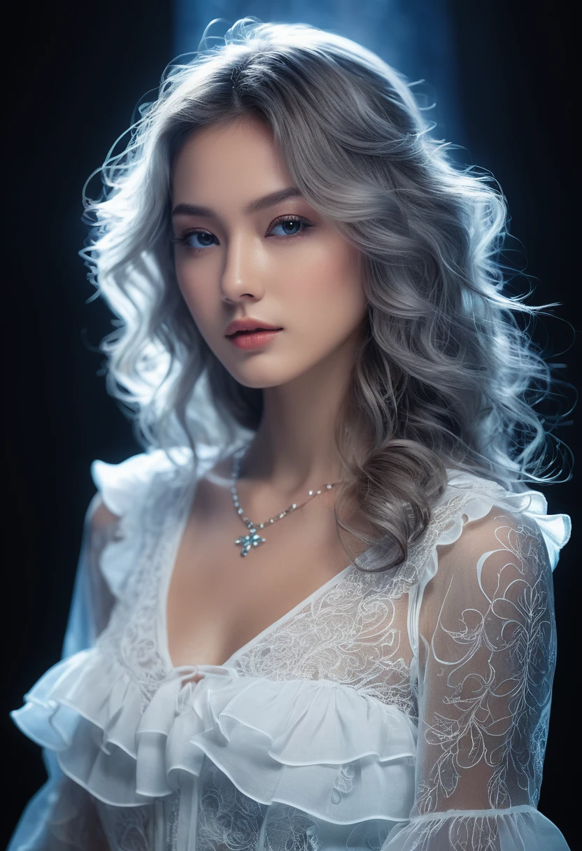 ((jewel_light element)), (Translucent luminous body_wearing a white frilly blouse), (girl made of light: 1.2, Long wavy hairstyle with delicate features and light:1.3), (minimalism: 0.5), (Front gaze close-up angle: 1.3), 4K, HDR, acid graphics, fantasy work, [Detailed and vivid face: 0.33], (White translucent glowing body and hair: 1.3), Shiny beautiful woman with silhouette outline, Understated elegance is revealed... A calm and dignified atmosphere provides a subtle sense of luxury..... gray smooth texture, stylish pose, fluorescent, Glowing tattoo, bioluminescent tattoo, glowing pattern.