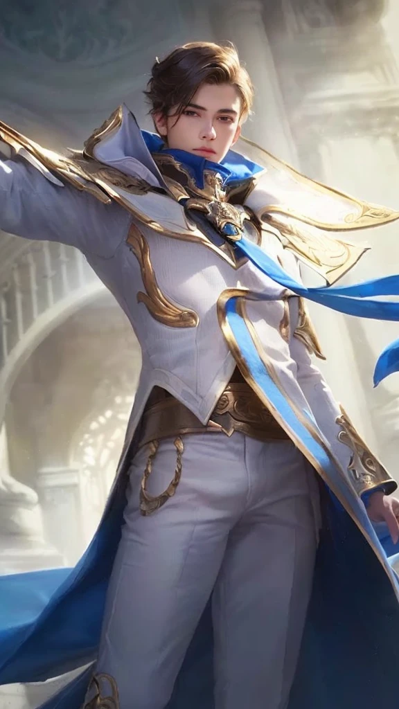 realistic portrait, 1 boy, beautiful detailed eyes, beautiful detailed lips, extremely detailed face and features, detailed high quality, highly detailed, cinematic lighting, dramatic lighting, volumetric lighting, ornate gold paladin armor, blue cape, white suit, dramatic pose, hyperrealistic, 8k, high quality, depth of field, photorealistic