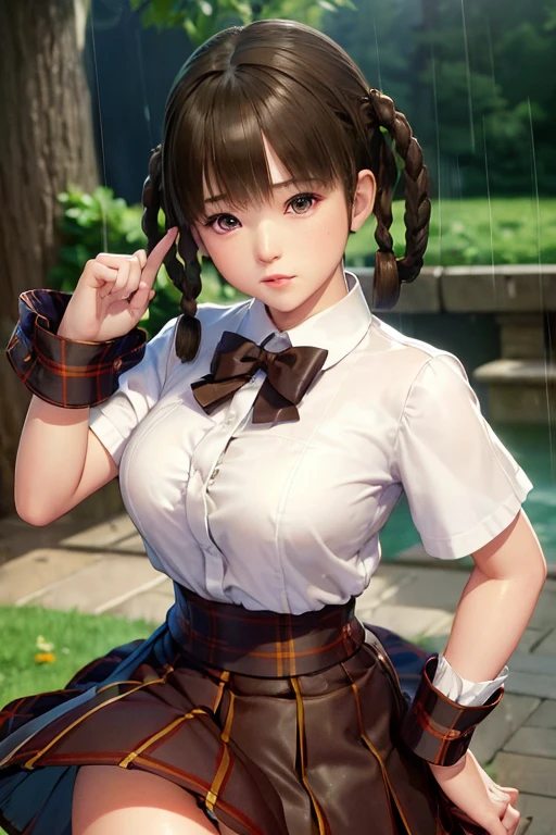 ((ultra detailed, masterpiece, absurdres)) DOALeiFang, 1girl, brown hair, brown eyes, twin braids, hair rings, portrait , steam , rain , plaid skirt , pleated skirt , Tight shirt , white Shirt , school girl , red bow , red knot , big breasts, thick thighs, wide hips
