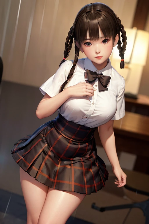 ((ultra detailed, masterpiece, absurdres)) DOALeiFang, 1girl, brown hair, brown eyes, twin braids, hair rings, portrait , steam , rain , plaid skirt , pleated skirt , Tight shirt , white Shirt , school girl , red bow , red knot ,