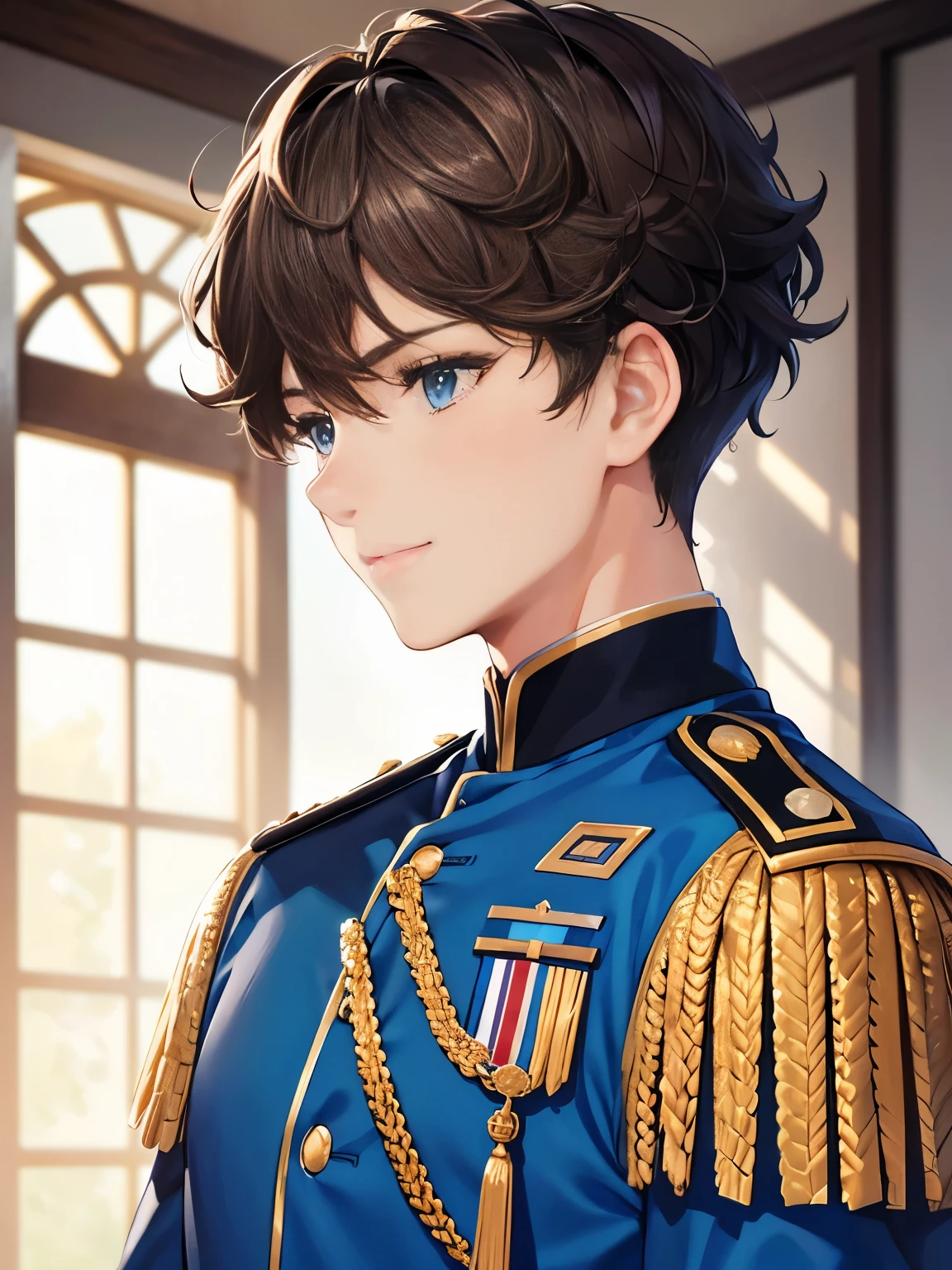 1boy,guy,Standing, at headquarters, blue army uniform,,Looking away,blue eyes,18 years old,Curly hair,medium hair,undercut hairstyle,light brown hair,,ultra detail, perfect face, hd face, detailed face, masterpiece,half body photo,slight smile 