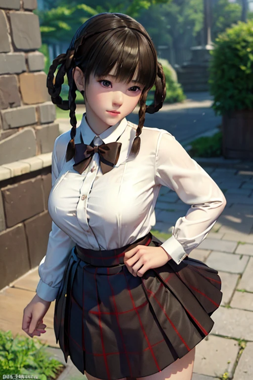 ((ultra detailed, masterpiece, absurdres)) DOALeiFang, 1girl, brown hair, brown eyes, twin braids, hair rings, portrait , steam , rain , plaid skirt , pleated skirt , Tight shirt , white Shirt , school girl , red bow , red knot ,