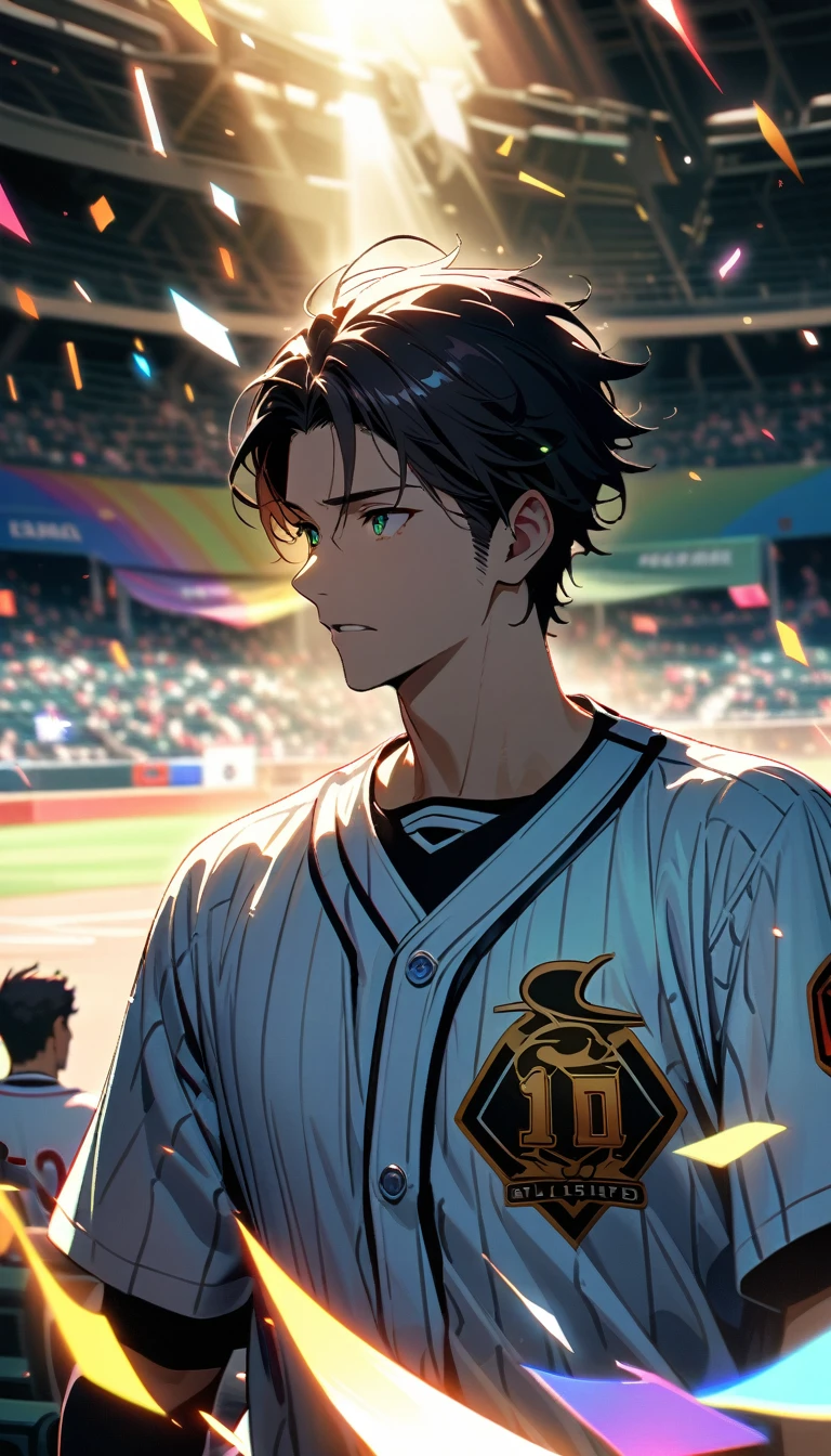masterpiece, best quality, Very detailed, HD, Expensive solution, Human Development Report, Very detailed CG, Beautiful details, depth, Delicate texture, very good, Completely focused, Handsome man, Male baseball player, short hair, Black Hair, Emerald eyes, Baseball uniform, bat, 1 male, Cold face and eyes, Ethereal atmosphere, Intricate details, Volumetric Lighting, Rainbow Colors, Atmospheric lighting, lens flare, light, 彩色light, particle, Black and white color scheme, Epic, Dramatic action, Dynamic Synthesis, Vibrant colors, Depth of Field, Detailed texture,Baseball field in stadium, Surrounded by cheering audience,
