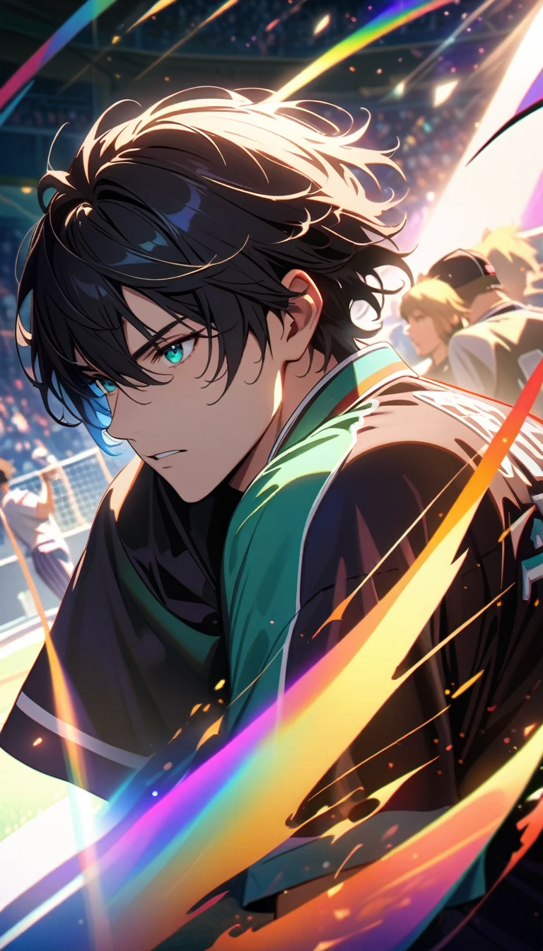 masterpiece, best quality, Very detailed, HD, Expensive solution, Human Development Report, Very detailed CG, Beautiful details, depth, Delicate texture, very good, Completely focused, Handsome man, Male baseball player, short hair, Black Hair, Emerald eyes, Baseball uniform, bat, 1 male, Cold face and eyes, Ethereal atmosphere, Intricate details, Volumetric Lighting, Rainbow Colors, Atmospheric lighting, lens flare, light, 彩色light, particle, Black and white color scheme, Epic, Dramatic action, Dynamic Synthesis, Vibrant colors, Depth of Field, Detailed texture,Baseball field in stadium, Surrounded by cheering audience,