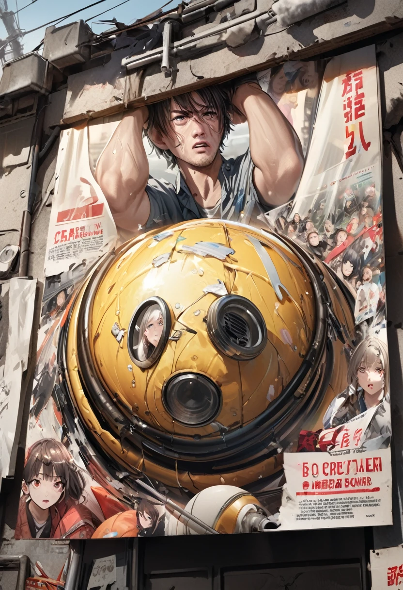 Poster with an ultra realistic image containing something that resembles a nuclear bomb, worried people, Crise, Asia