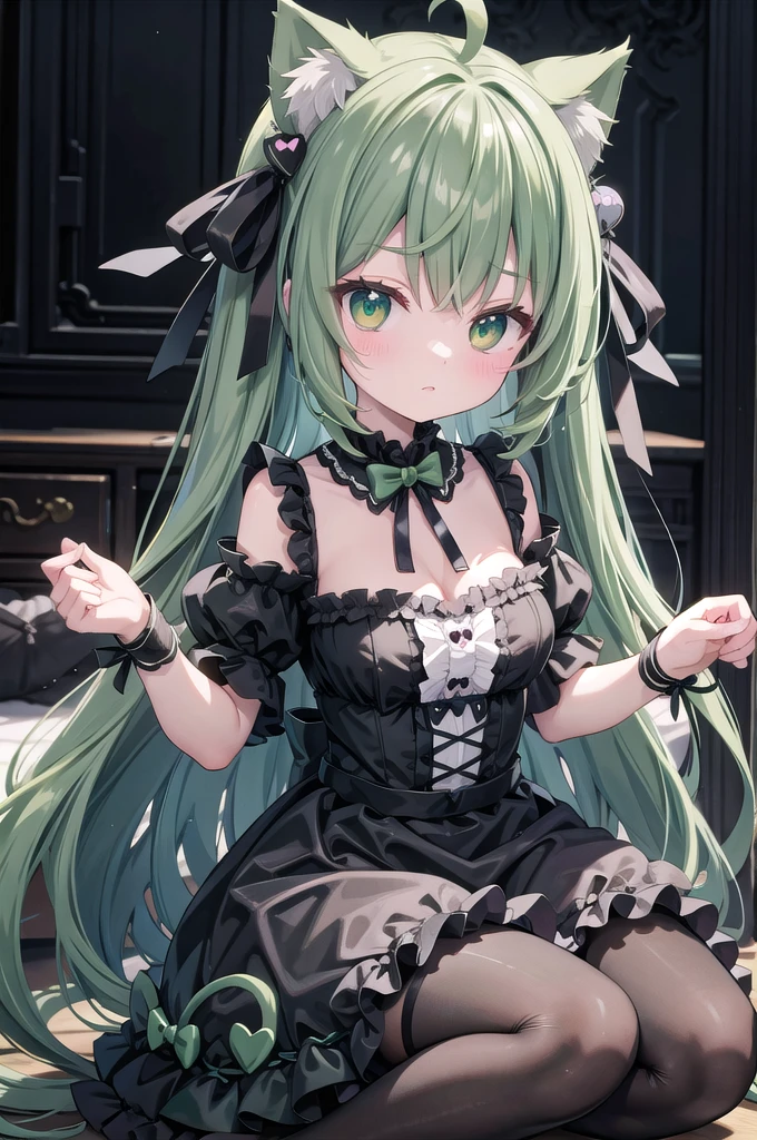 Super Deformed green hair Cat ears Curly hair Gothic Lolita BIG ribbon heart 巨乳