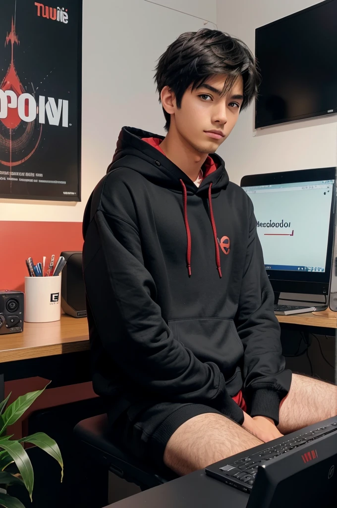 Create a image of 18 years anime boy sitting in front of a computer desk with a microphone and laptop wearing well black and red hoodie with the channel name on it FARDOUS ELAHI the background in include a large Youtube logo on the wall and potted plants on either side and various recording equipment