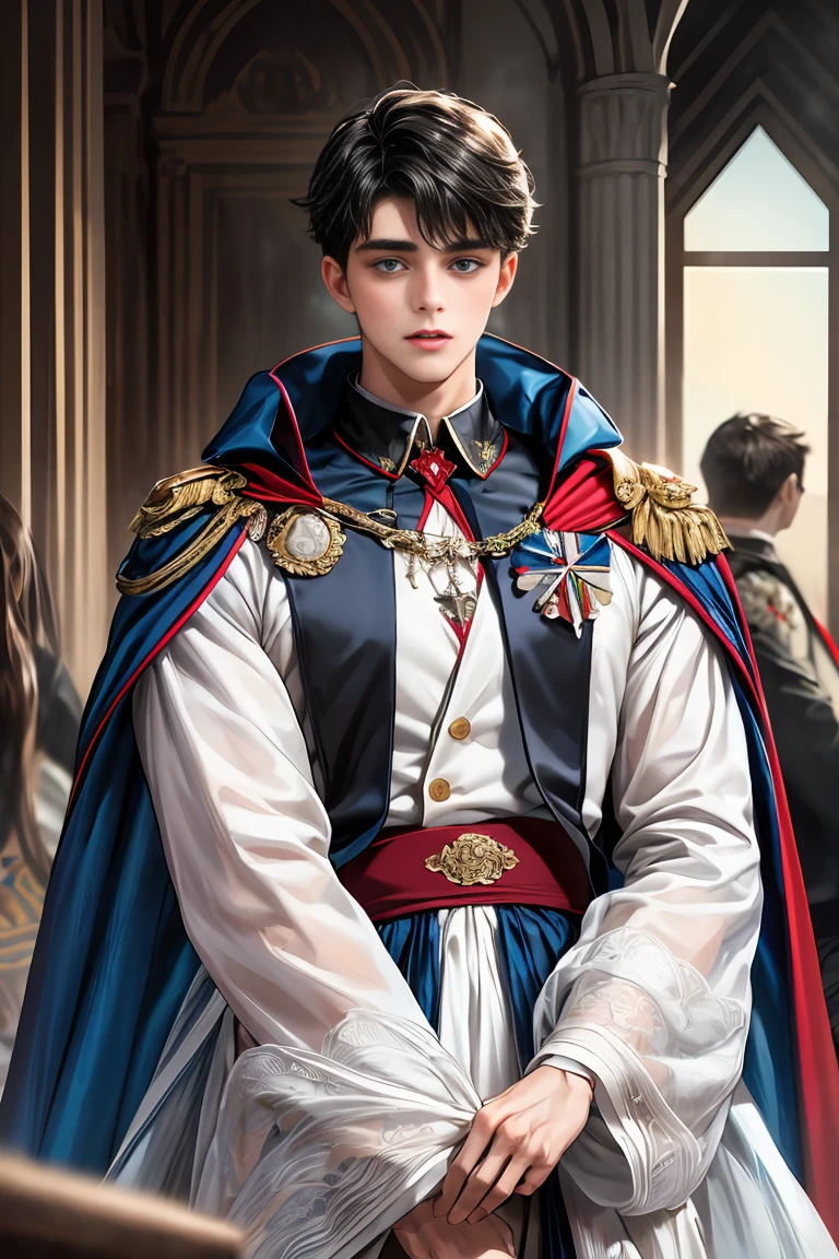
masterpiece, 最high quality, high quality, 1 boy, alone, Male focus, Watching the audience,  Messy black hair, Adorable big blue eyes, White people, Noble, Noble,Sexy voluminous cape、vampire、A very voluminous, large, very large, very large, long, long red and black cape with a high stand-up collar, made of a lot of fabric that reaches down to the floor., 17 years old,Cute beautiful boys,Cute, cute, kind, handsome guy