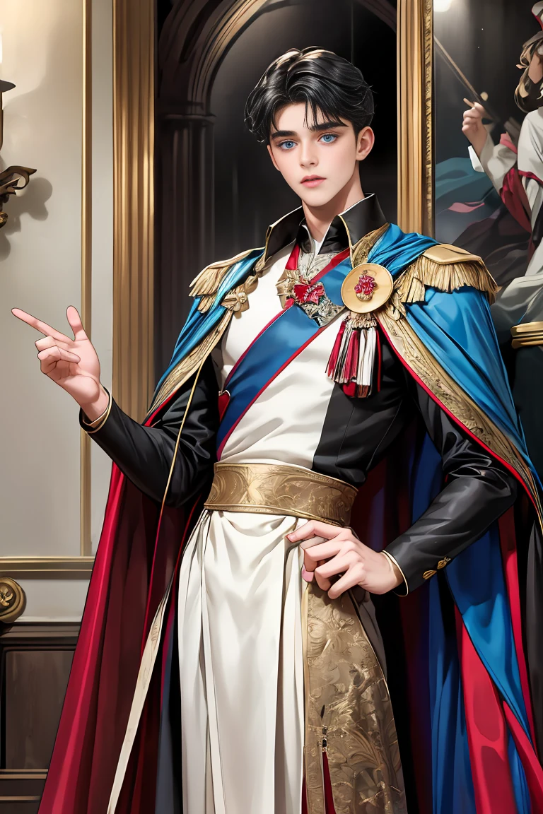 
masterpiece, 最high quality, high quality, 1 boy, alone, Male focus, Watching the audience,  Messy black hair, Adorable big blue eyes, White people, Noble, Noble,Sexy voluminous cape、vampire、A very voluminous, large, very large, very large, long, long red and black cape with a high stand-up collar, made of a lot of fabric that reaches down to the floor., 17 years old,Cute beautiful boys,Cute, cute, kind, handsome guy