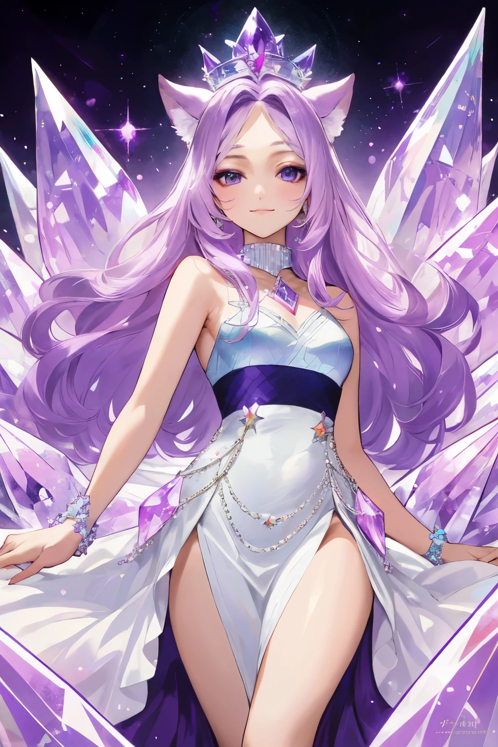 ((best quality)), ((masterpiece)), (detailed), detailed eyes, detailed hands, full-length body image, female humanoid kitsune, crystal crown on top of her head, light purple hair, light purple fox ears, 2 purple crystal fox tails, 1 crystal eight-pointed star shape on forehead, delicate and beautiful detailing, beautiful face, well-proportioned detailed purple eyes, round detailed purple eyes and makeup, beautiful detailed and clear purple eyes, volume smooth and sharp, long flat bangs, fictional art, best photos, best quality, very beautiful and meticulous eight-pointed crystal star on forehead, delicate, mouth closed smile, not fully smiling