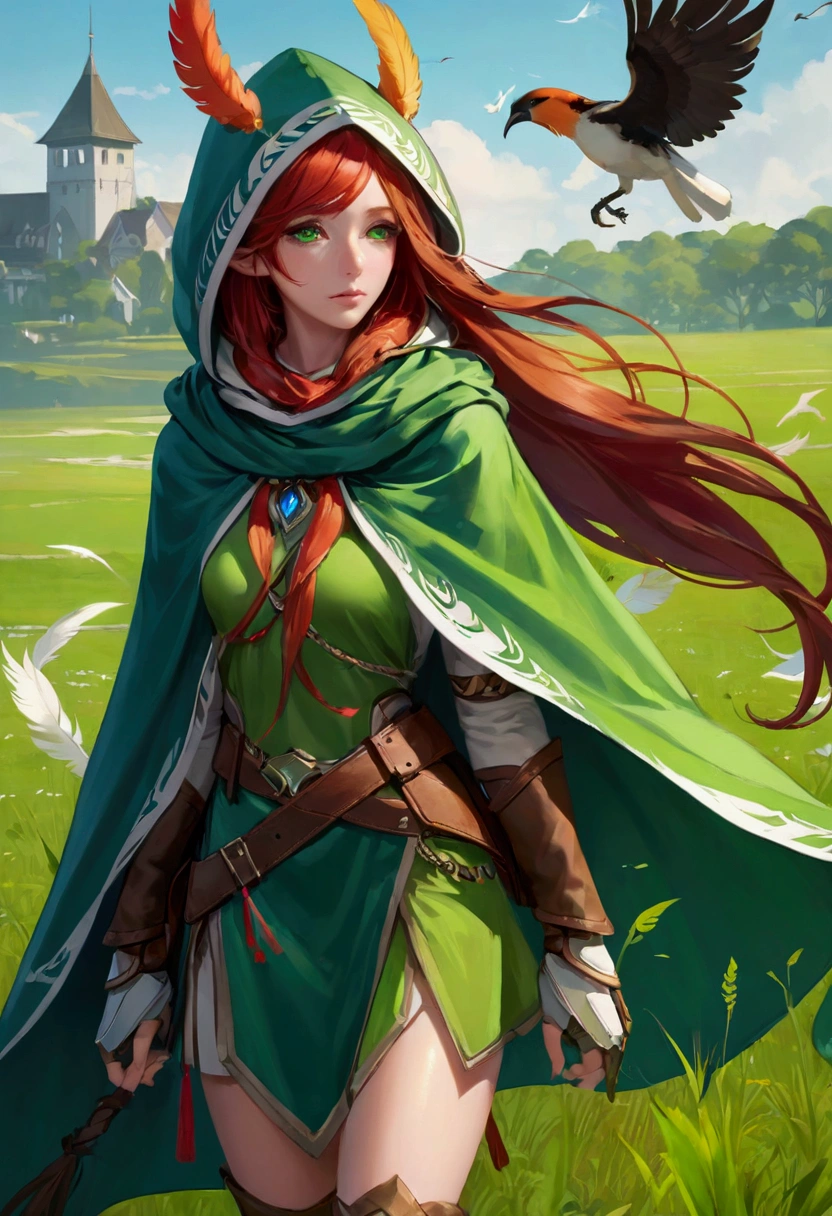Grass, Sky, site, League of Legends, 1 Girl, Elf, Druid, Animal ears, bandage legs, Long legs, bandage, bandage, bird legs, bird skull, cape, Residence, Ears on headdress, Eyes can be seen through the hair, Face, feather, hood, hooded cape, Long hair, Brownish-green eyes, ginger, Red hair, Colorful hair, armor, blue scarf, scarf, scarf, scarf Long hair, hooded scarf, Green clothes, Green skirt, Long skirt, leather armor, Nose Ring, nostril, Backpack