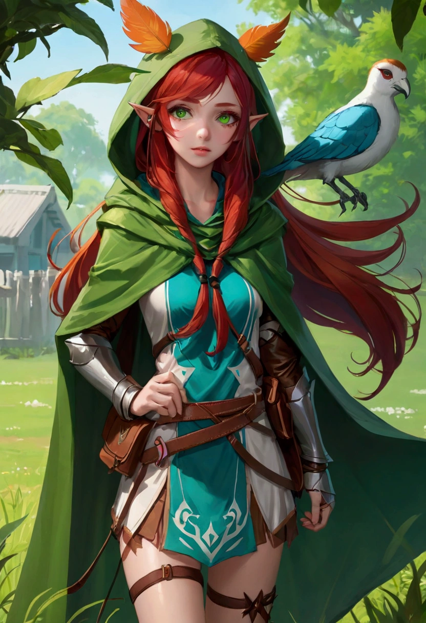 Grass, Sky, site, League of Legends, 1 Girl, Elf, Druid, Animal ears, bandage legs, Long legs, bandage, bandage, bird legs, bird skull, cape, Residence, Ears on headdress, Eyes can be seen through the hair, Face, feather, hood, hooded cape, Long hair, Brownish-green eyes, ginger, Red hair, Colorful hair, armor, blue scarf, scarf, scarf, scarf Long hair, hooded scarf, Green clothes, Green skirt, Long skirt, leather armor, Nose Ring, nostril, Backpack