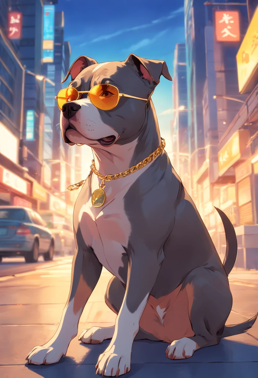 Pitbull dog with sunglasses, brindle 
corrente de ouro, kalap
