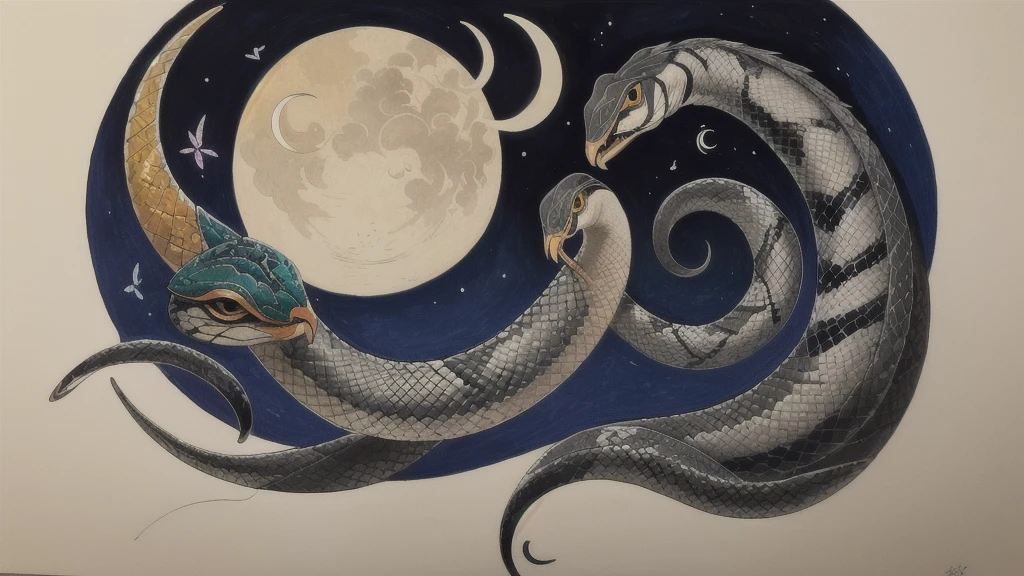work of art, best qualityer, Snake with butterfly, crescent moon, tatto.