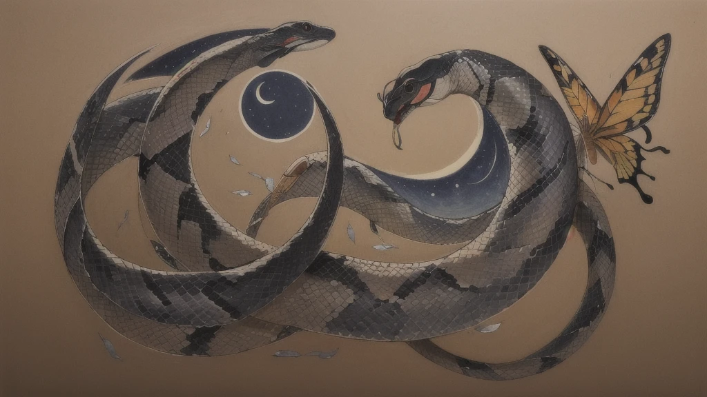 work of art, best qualityer, Snake with butterfly, crescent moon, tatto.