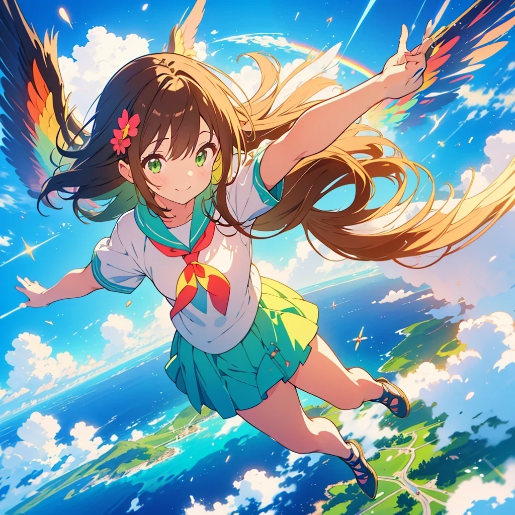 kawaii, anime, Cute, hyper quality, highly detailed, 8k, Front facing, Clarity, brown long hair, green eyes, smile, whole body, heaven, Rainbow colored wings on the back, particles of light, sky background, flapping its wings, Pose with movement, Fantastic, heaven, fantasy, water, Clearly depict facial expressions, fly into the sky, Richly colored, above the sky, Heaven, above the clouds, Composition overlooking the ground, look up at the sky, island country, sparkling sea, sparkling light, dancing in the air, fly off the ground, far away from the ground, jump,