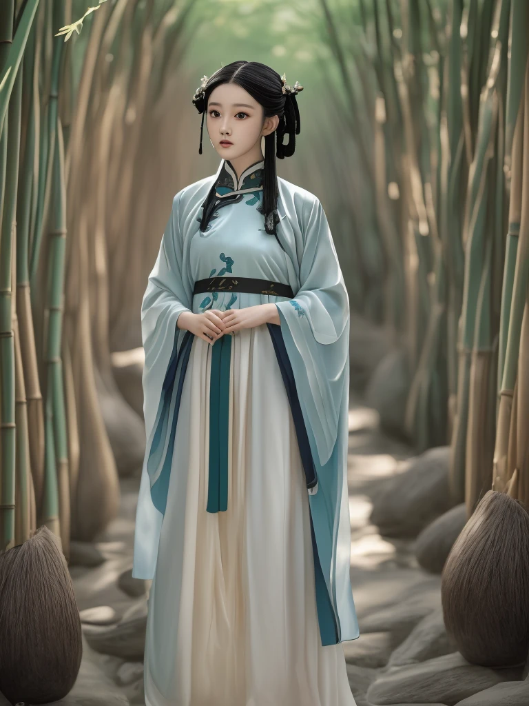 A young Chinese girl wearing a stunning hanfu with delicate embroidery, standing in an ancient bamboo forest. The dappled sunlight filters through the tall bamboo, casting intricate patterns on her elegant attire. Her long, flowing sleeves and soft, traditional hairstyle enhance her graceful and enchanting appearance.