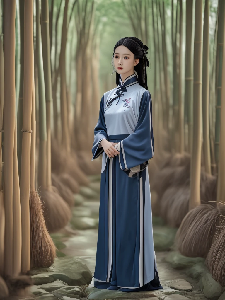 A young Chinese girl wearing a stunning hanfu with delicate embroidery, standing in an ancient bamboo forest. The dappled sunlight filters through the tall bamboo, casting intricate patterns on her elegant attire. Her long, flowing sleeves and soft, traditional hairstyle enhance her graceful and enchanting appearance.