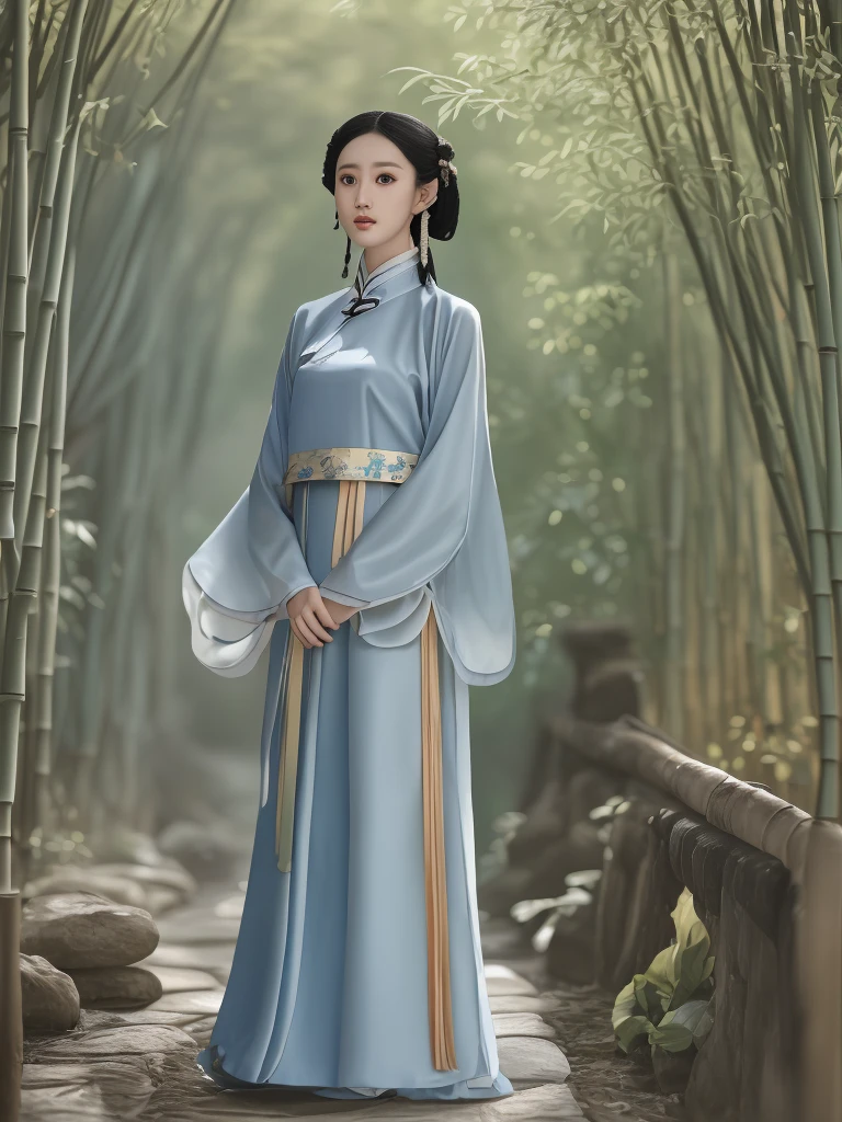 A young Chinese girl wearing a stunning hanfu with delicate embroidery, standing in an ancient bamboo forest. The dappled sunlight filters through the tall bamboo, casting intricate patterns on her elegant attire. Her long, flowing sleeves and soft, traditional hairstyle enhance her graceful and enchanting appearance.