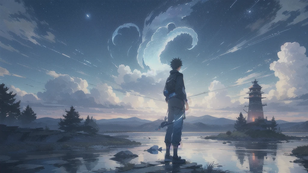 真っ暗なnight空,Octane, star (null), scenery, Blue parakeet,The acoustic guitar is in front of the body.,star, night, A girl and a boy standing back to back, Back view, alone, Outdoor, city,river,Blue parakeet,building, cloud, 天のriver,silhouette