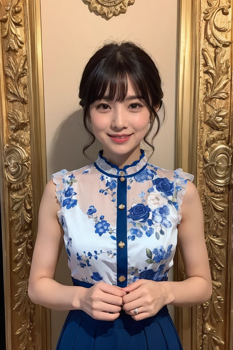 Medium display, Medium Shot, Written boundary depth, bust, Upper Body, Movie angle, masterpiece, Highest quality, Very detailed, CG, 8k wallpaper, Beautiful Face, Delicate eyes, Otome, alone, smile, bangs, skirt, shirt, have, Cobalt blue dress with gold trim, Laugh mischievously、Floral Background