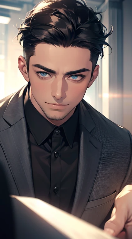 (best quality,4k,8k,highres,masterpiece:1.2),ultra-detailed,(realistic,photorealistic,photo-realistic:1.37),1 man,31 years old,mature man,very handsome,without expression,smile,short grey black hair,blue eyes,penetrating gaze,perfect face without errors,imposing posture,businessman,office background,cinematic lighting,hdr image