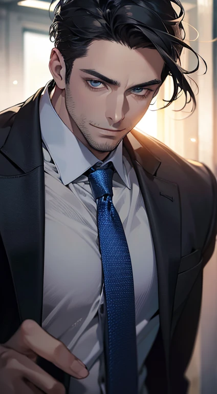 (best quality,4k,8k,highres,masterpiece:1.2),ultra-detailed,(realistic,photorealistic,photo-realistic:1.37),1 man,31 years old,mature man,very handsome,without expression,smile,short grey black hair,blue eyes,penetrating gaze,perfect face without errors,imposing posture,businessman,office background,cinematic lighting,hdr image