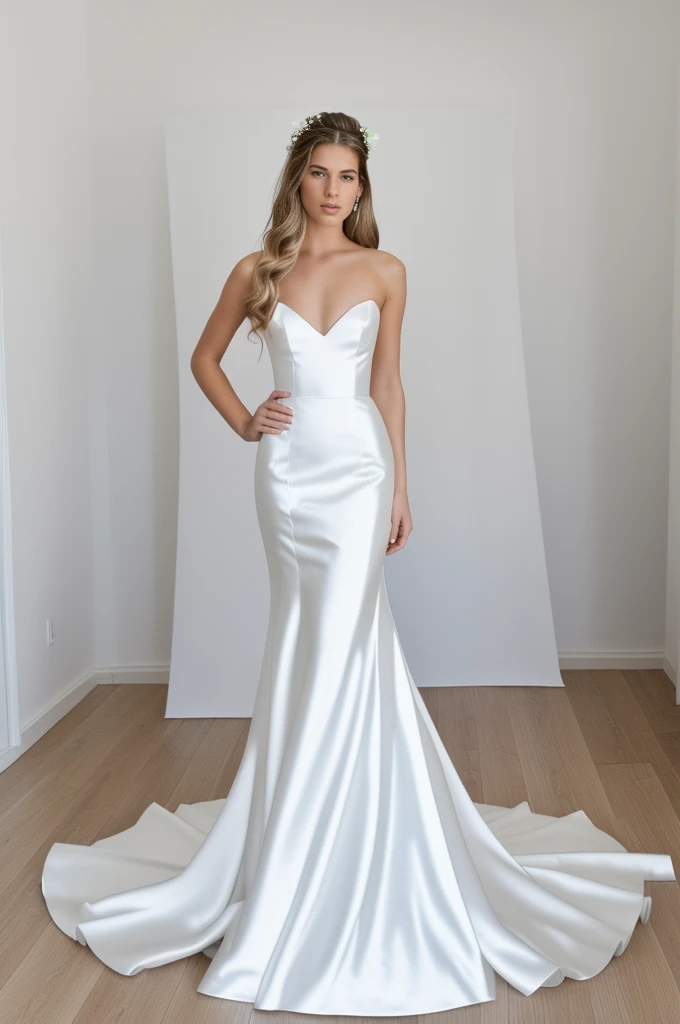 Best quality, 8k, 32k, Masterpiece, Masterpiece, (Photorealistic: 1.4), RAW photo, ultra realistic, 1girl, Fashion model, Wearing a mermaid wedding dress, satin fabric, full length view, pose Stand upright in white room with a minimalist design, featuring white walls and a clean, modern aesthetic.
