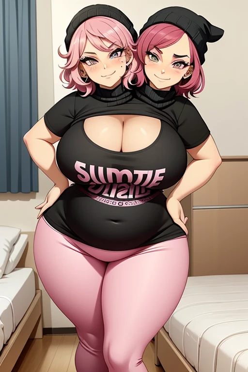 2heads, tall chubby woman with 2 heads. In a university dorm room. Short messy pink hair. Wearing a beanie. Wearing a bra, cleavage. Wearing leggings. Many piercings and tattoos. Eyeliner, baggy eyes. Mature, tall. Smirking, happy. Blushing.