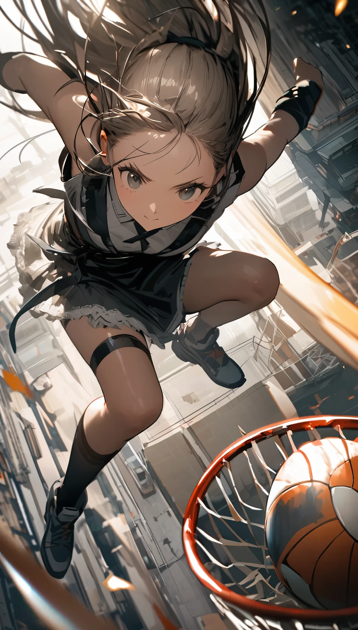 from above, powerful and perfect dunk shot, 2.5D, delicate and dynamic