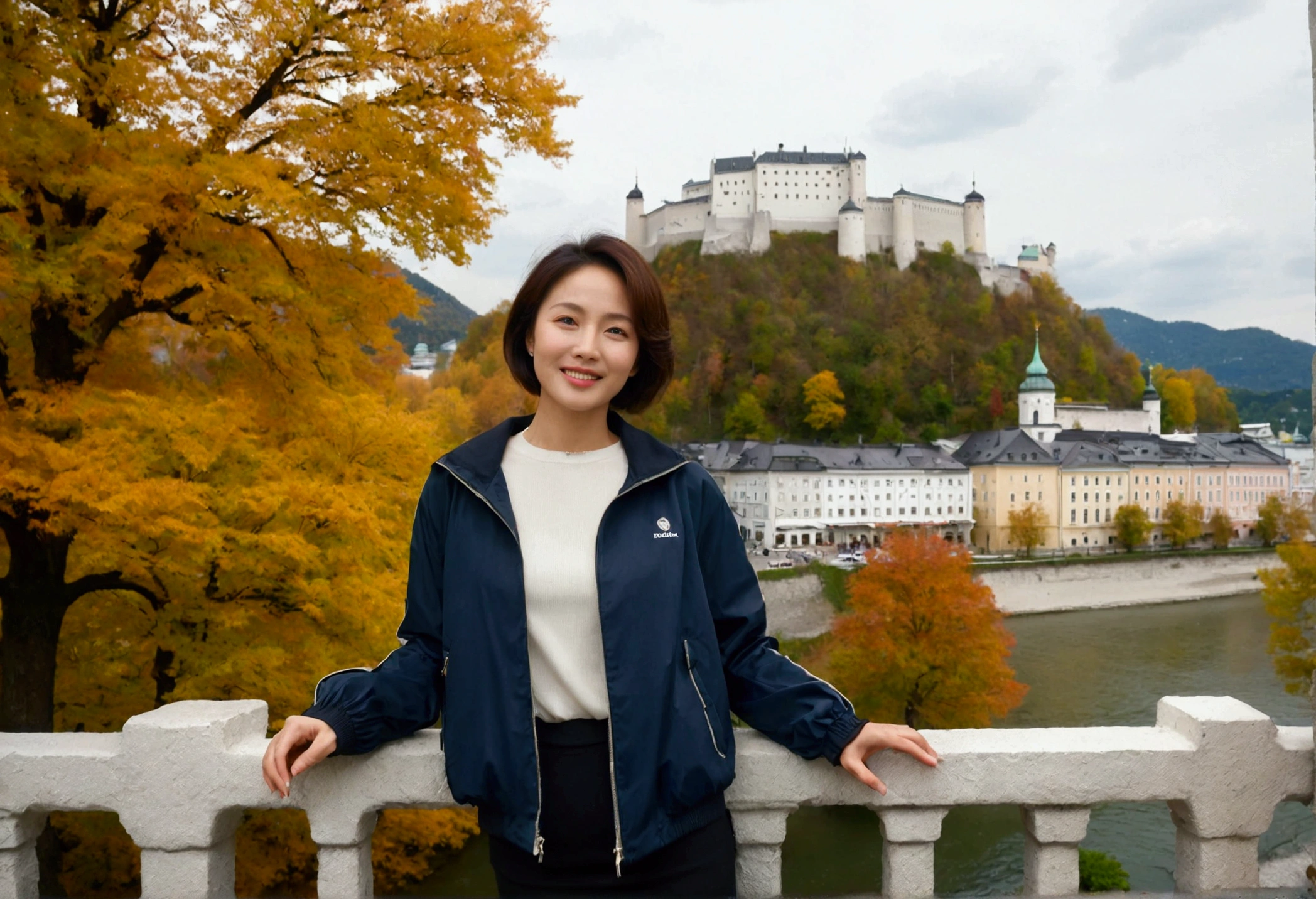 high quality, 1 woman, ((36-year-old healthy Korean woman)), ((36 years old)), 1 woman, eyes are big and beautiful. ((slim)), ((short medium hair)), Smile. pose: standing, windbreaker jacket, background:Your residence is a baroque townhouse with a plaster façade and wrought iron railings.., autumn, Maple, Overlooking the Salzach River and Hohensalzburg Fortress, looking slightly up, 1 woman, Full body shot with Canon 16-34 wide angle lens, river view