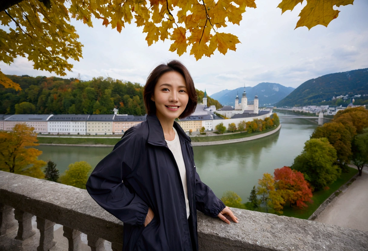 high quality, 1 woman, ((36-year-old healthy Korean woman)), ((36 years old)), 1 woman, eyes are big and beautiful. ((slim)), ((short medium hair)), Smile. pose: standing, windbreaker jacket, background:Your residence is a baroque townhouse with a plaster façade and wrought iron railings.., autumn, Maple, Overlooking the Salzach River and Hohensalzburg Fortress, looking slightly up, 1 woman, Full body shot with Canon 16-34 wide angle lens, river view