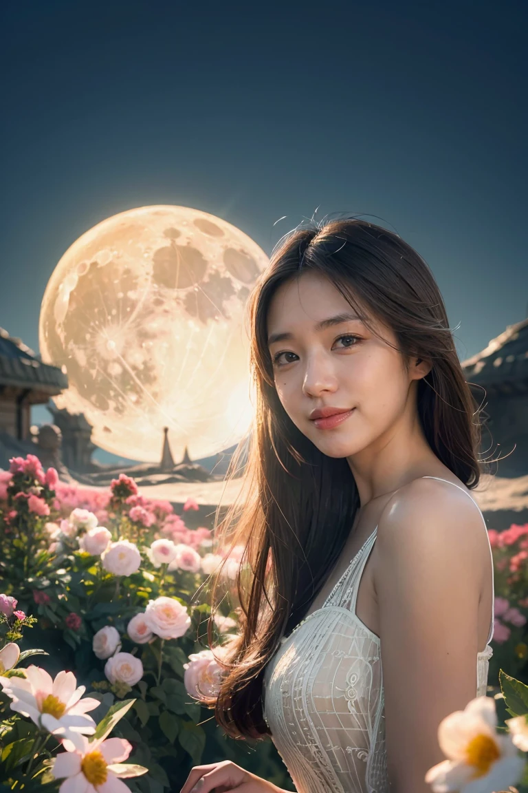 (masterpiece),(best quality), illustration, (fantasy:1.4), brown long hair, long eye lashes, solid circle eyes, light smile, Surrealism, drop shadow, anaglyph, stereogram, atmospheric perspective, 8k, super detail, accurate, best quality, UHD, textured skin, long dress, a moon, flowers , paper_cut