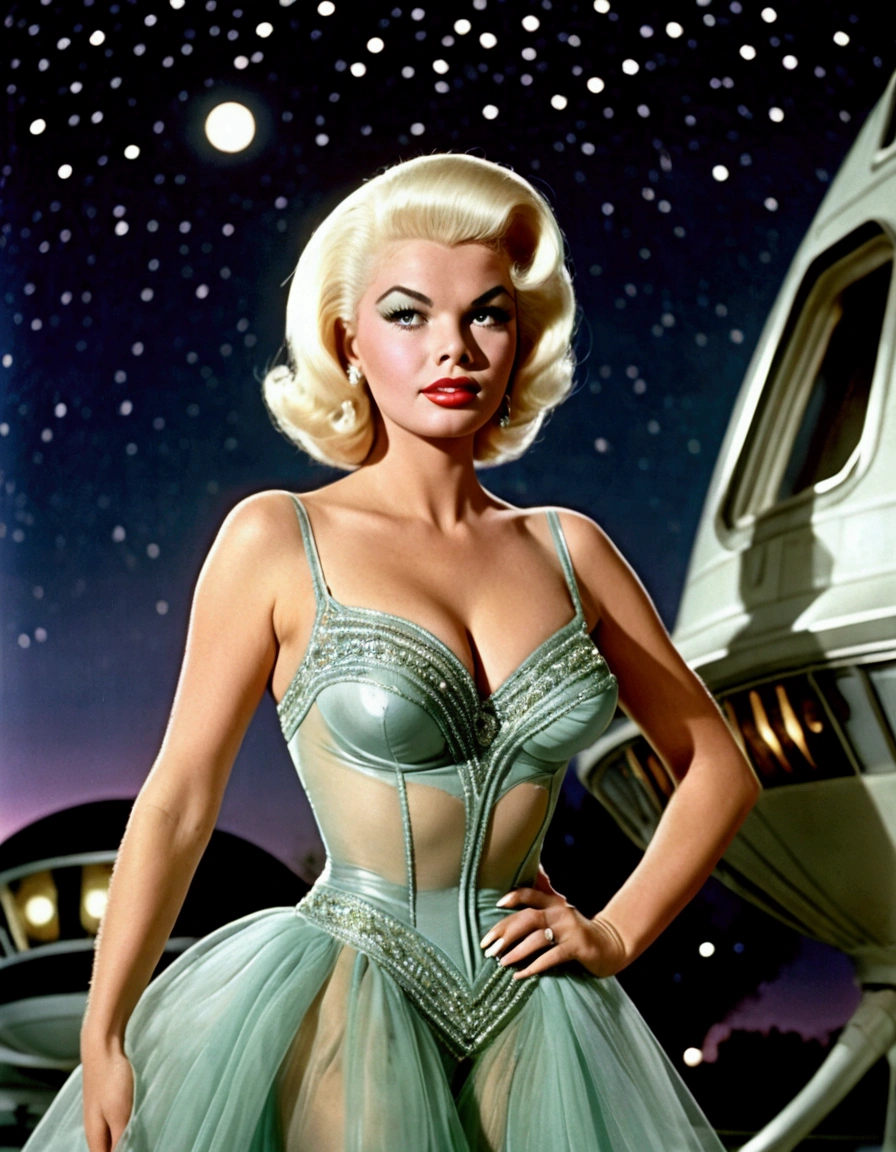 Jayne Mansfield, age 25, (alien sheer gown, 50s styling, odd makeup) as an alien princess, space ship behind her (landing gear down) seductive approach to viewer, suburb at night