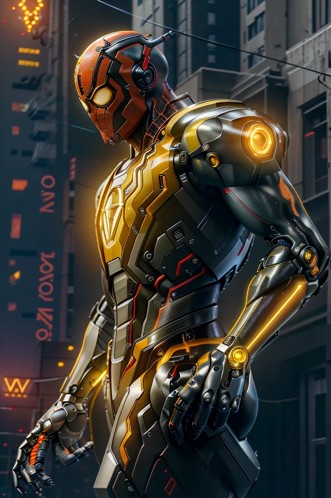 (cyborg: 1.2) spider-man robot with tron integrated circuit, emitting yellow flashes of details, (((kinetic))), full body masterpiece, high definition, 8k, very high quality, high detail face, sharp , dof, depth_of_field, midjourney style, cinematic, contrasting, detailed, 8k , sharp focus, cyberpunk,