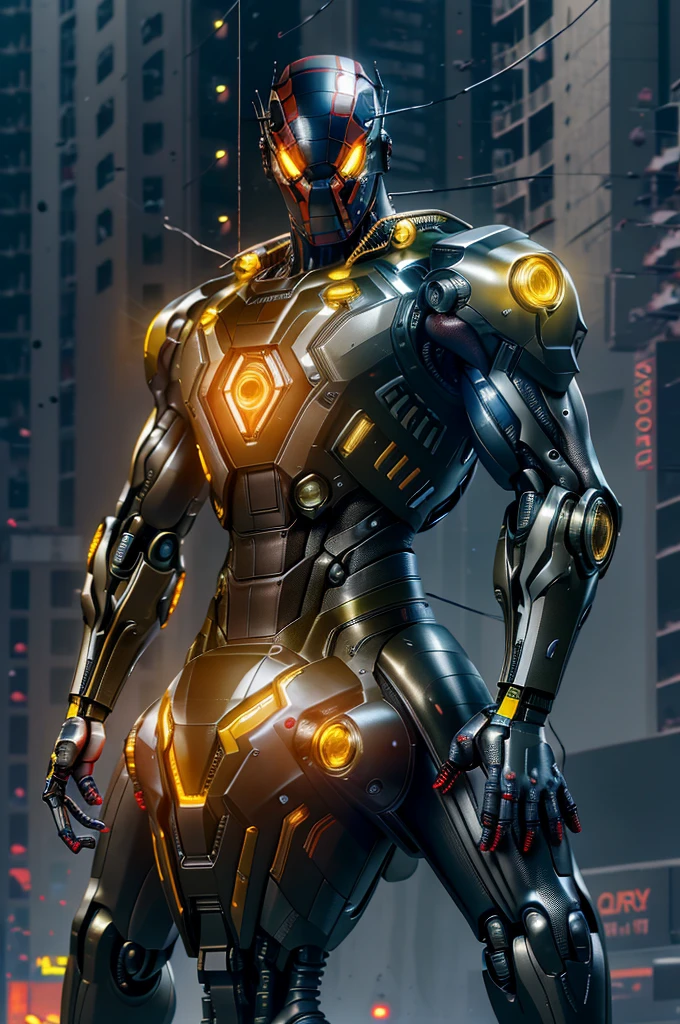 (cyborg: 1.2) spider-man robot with tron integrated circuit, emitting yellow flashes of details, (((kinetic))), full body masterpiece, high definition, 8k, very high quality, high detail face, sharp , dof, depth_of_field, midjourney style, cinematic, contrasting, detailed, 8k , sharp focus, cyberpunk,