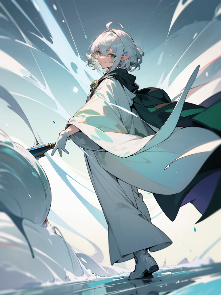 Elf, silver hair,short hair, medium cut, ahoge, curly hair,green eyes,slender, fair skin, cool Smile, robe, cloak, White gloves, long boots, pants, ice loads magic effect,