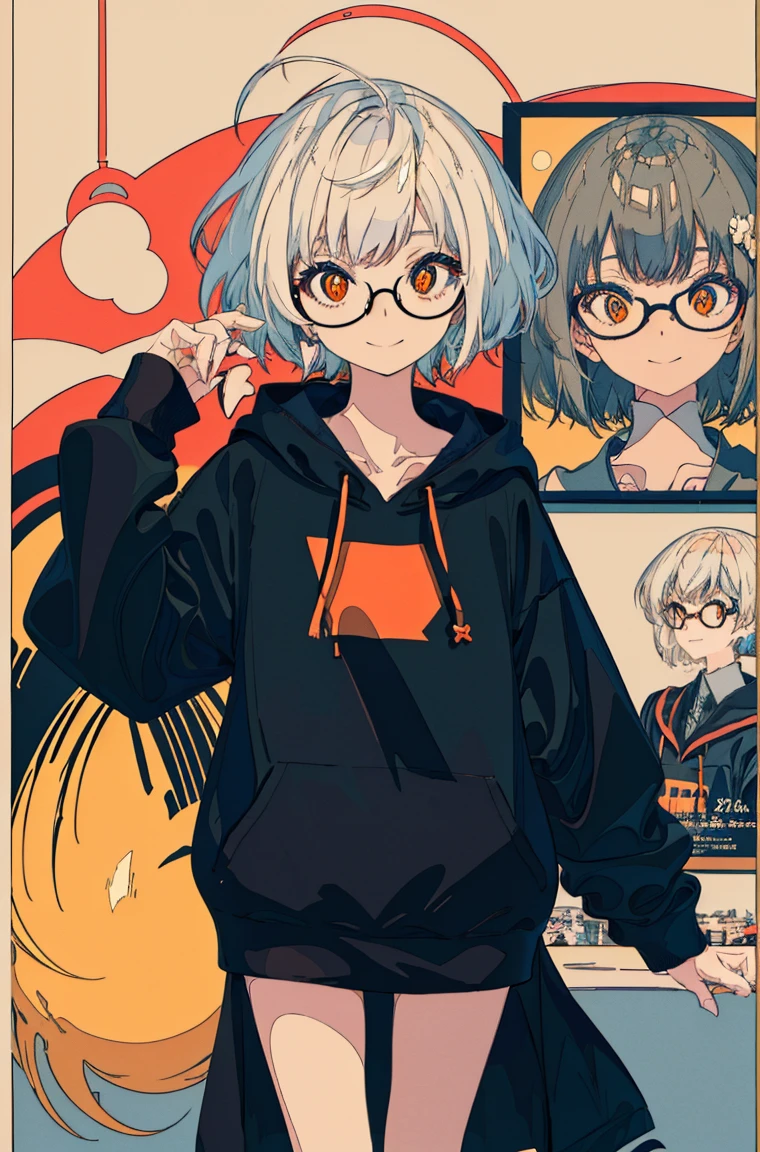 A masterpiece,Black short hair,Ball head,Side face,Messy hair,Smile slyly,Orange pupils,Font,poster,jump,,Hair Bunch,Black shallow frame glasses,Black Hoodie,Dress fashionably,Standing picture,laid back,best quality, Illustration style,Large aperture portrait, Anime Girl, beautiful eyes, summer,, small, Heartwarming, Youthful and beautiful,,Regular Clothes,Black and white,, showing a natural casual style. Dynamic posture contains the golden ratio, China, White space, Strong contrast between light and shadow, Super texture, Super clear and concise pictures, presenting extremely beautiful,subtle facial expressions