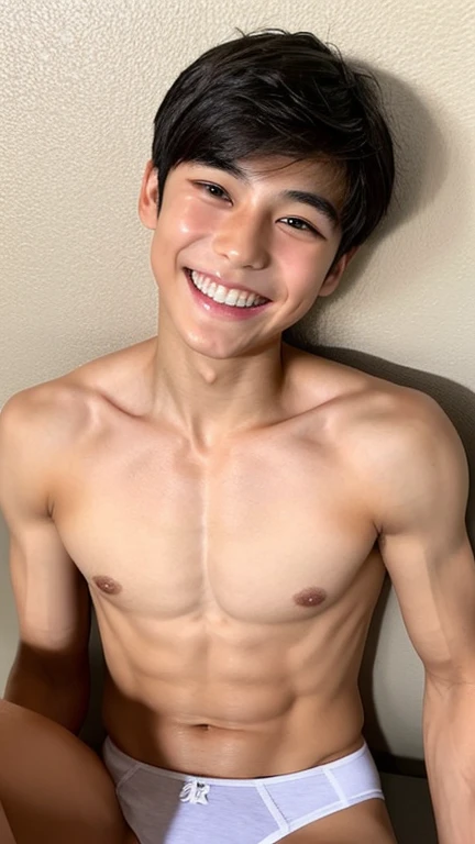 Japanese men、I am 、Muscles and smooth skin、Very short black hair、Friendly and relaxed smile、Laughing with your mouth open、small boxer briefs、The whole body is visible、