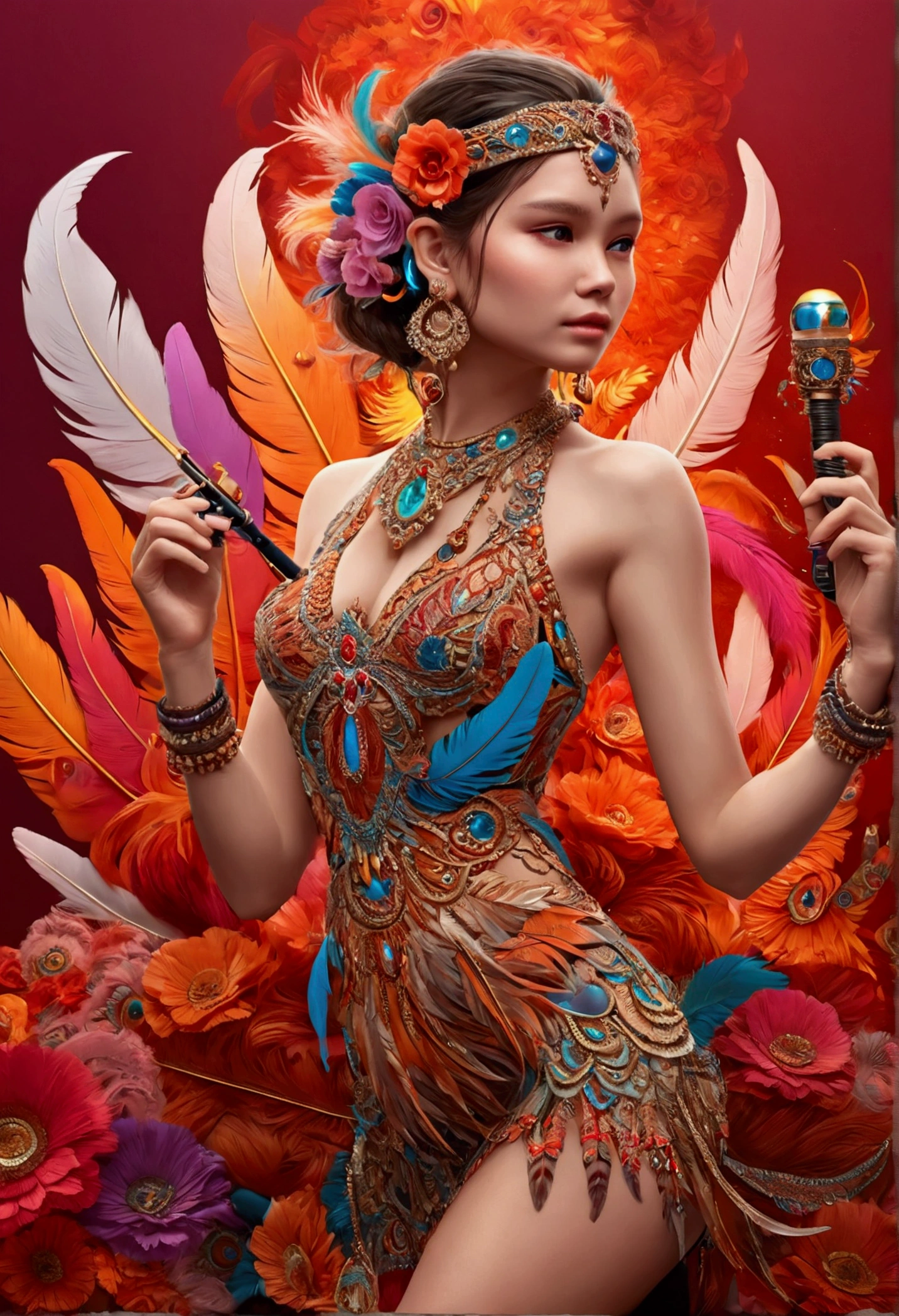 (masterpiece, top quality, best quality, official art, beautiful and aesthetic:1.2), (1girl:1.3), extremely detailed,(fractal art:1.1),(colorful:1.1)(flowers:1.3),highest detailed,(zentangle:1.2), (dynamic pose), (abstract background:1.3), (shiny skin), (many colors:1.4), ,(earrings), (feathers:1.5) , (Flamethrower:1.3),red background,Phoenix dress,