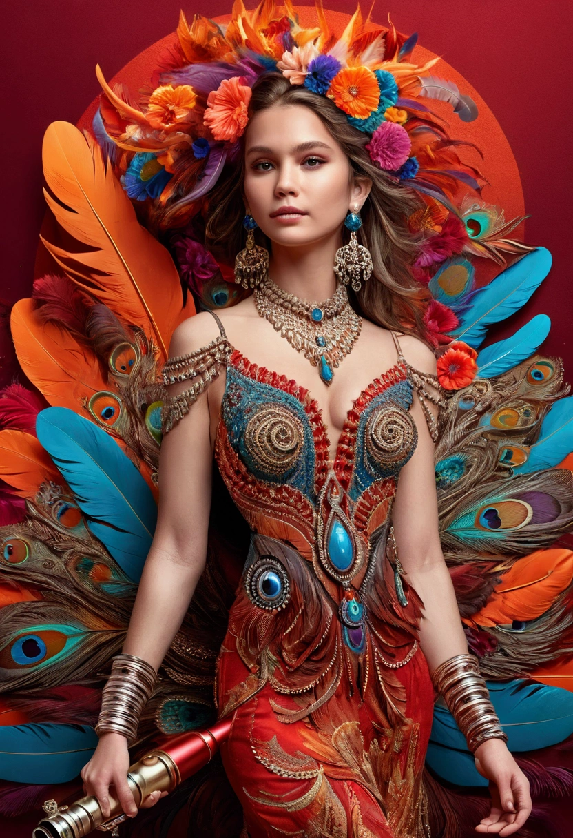 (masterpiece, top quality, best quality, official art, beautiful and aesthetic:1.2), (1girl:1.3), extremely detailed,(fractal art:1.1),(colorful:1.1)(flowers:1.3),highest detailed,(zentangle:1.2), (dynamic pose), (abstract background:1.3), (shiny skin), (many colors:1.4), ,(earrings), (feathers:1.5) , (Flamethrower:1.3),red background,Phoenix dress,