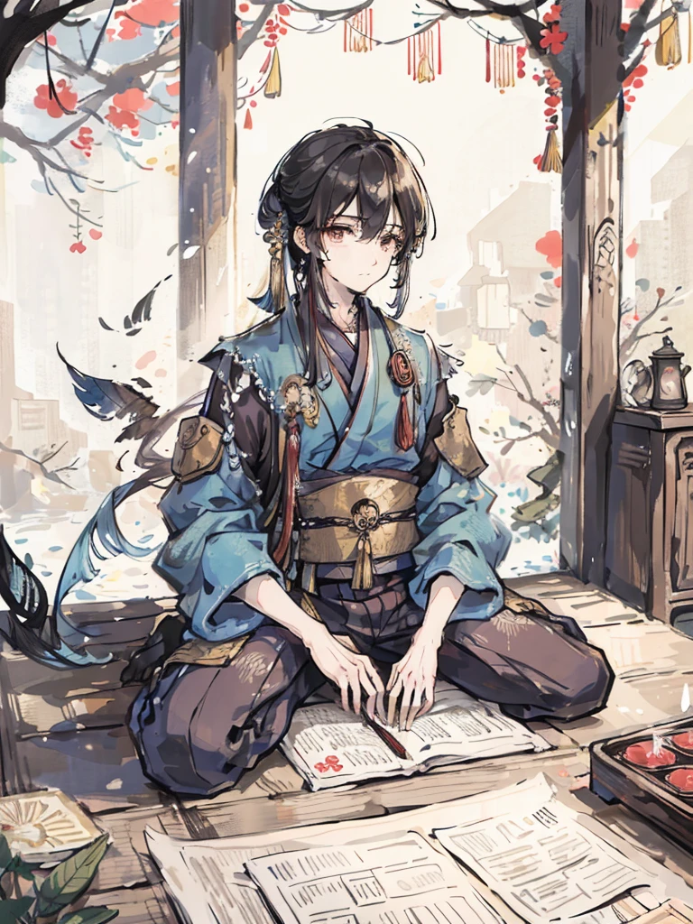A man,Occupation: military advisor,Holding a feather fan,Dressed in cloth,Chinese classical martial arts style,The Image of Zhuge Liang。Sitting in the military camp and playing the guqin。Freehand ink painting style,Simple style,Declaring a sense of paper。