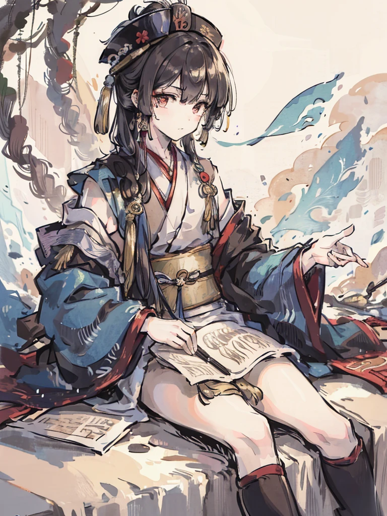 A man，Occupation: military advisor，Holding a feather fan，Dressed in cloth，Chinese classical martial arts style，The Image of Zhuge Liang。Sitting in the military camp and playing the guqin。Freehand ink painting style，Simple style，Declaring a sense of paper。